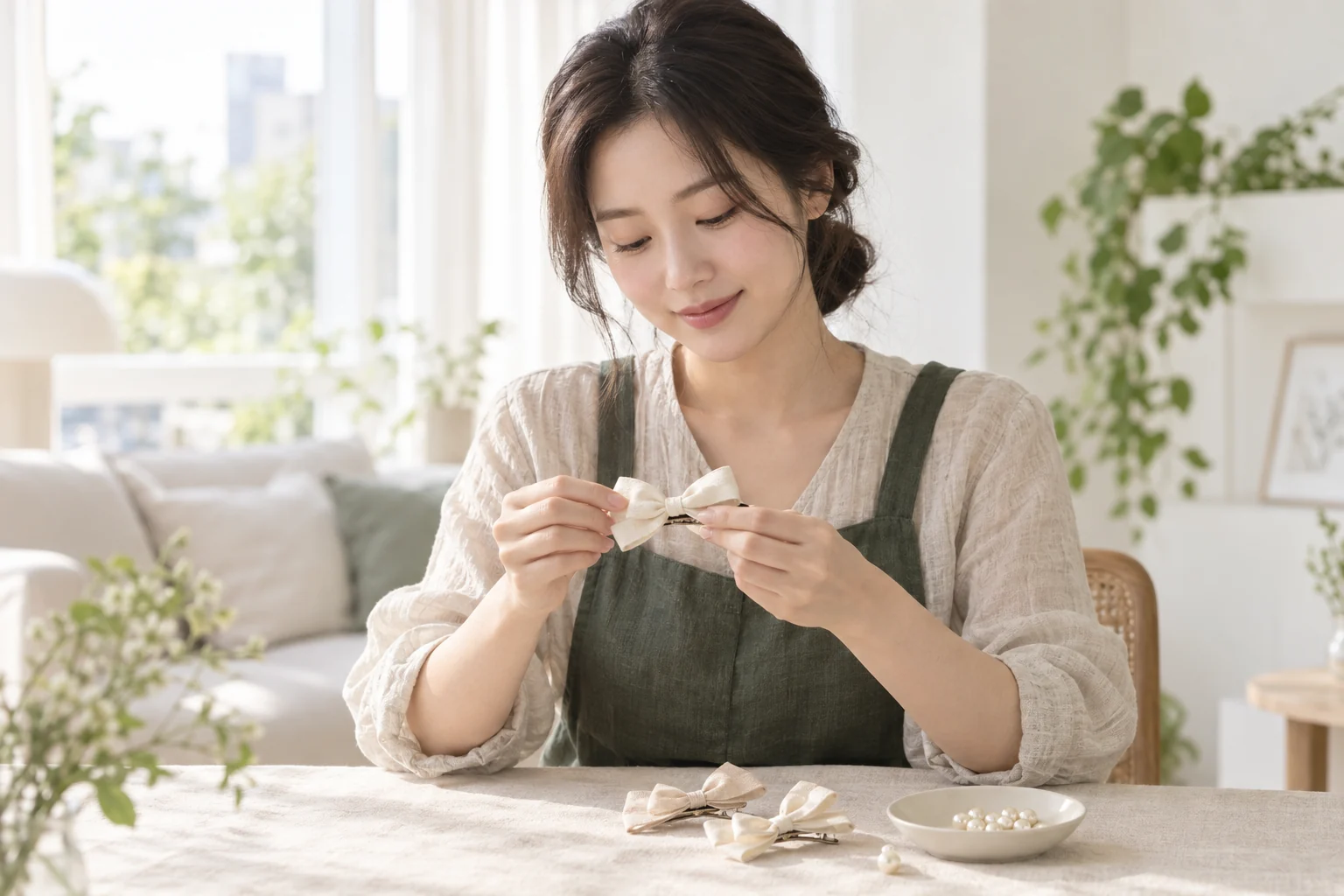 밝은 공간에서 리본 머리핀을 만드는 모습의 AI 생성 이미지, 작업 유형 예시